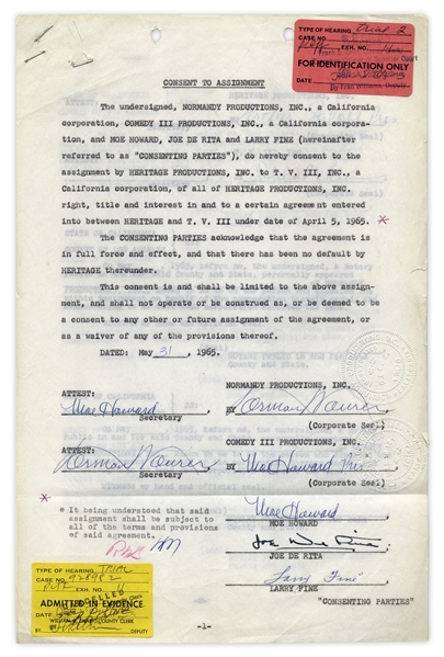 Moe Howard ''Consent to Assignment'' Agreement Signed Three Times, Also Signed by Larry Fine & Joe DeRita, From May 1965 -- 3pp. With Signatures on First Page -- Measures 8.5'' x 13'', Very Good